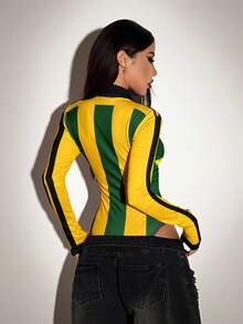 SHEIN ICON World Cup Jersey Striped Letter Print Contrast Color Fashion Long Sleeve Bodysuit - Multicolor - View 2