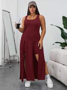 Shapeblank Conjunto de 2 piezas de top sin mangas y shorts de unicolor minimalista talla grande - Burdeos - Ver 4