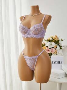 Esselle 2件套玫瑰红蕾丝拼接内衣套装，成熟性感 - 淡紫色 - 查看 5