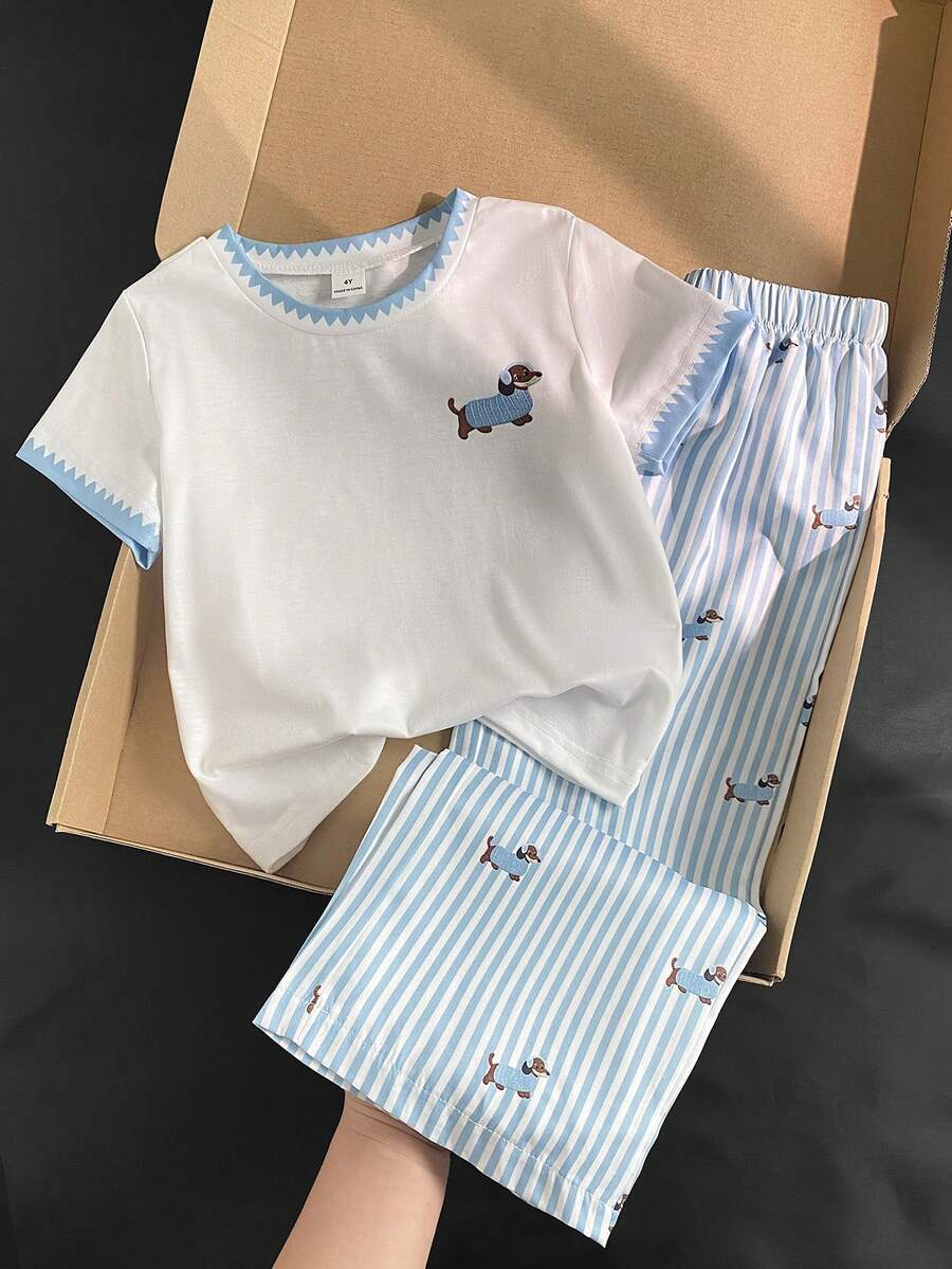 SHEIN Elladie kids 2件/套基礎休閒慵懶純色套裝,馬印花,不對稱下擺,側面抓皺設計,圓領短袖T恤,搭配黃色條紋紋理布料直筒長褲,適合日常/外出等多種場合,春季/夏季/四季皆宜 - 藍色 - 查看 1
