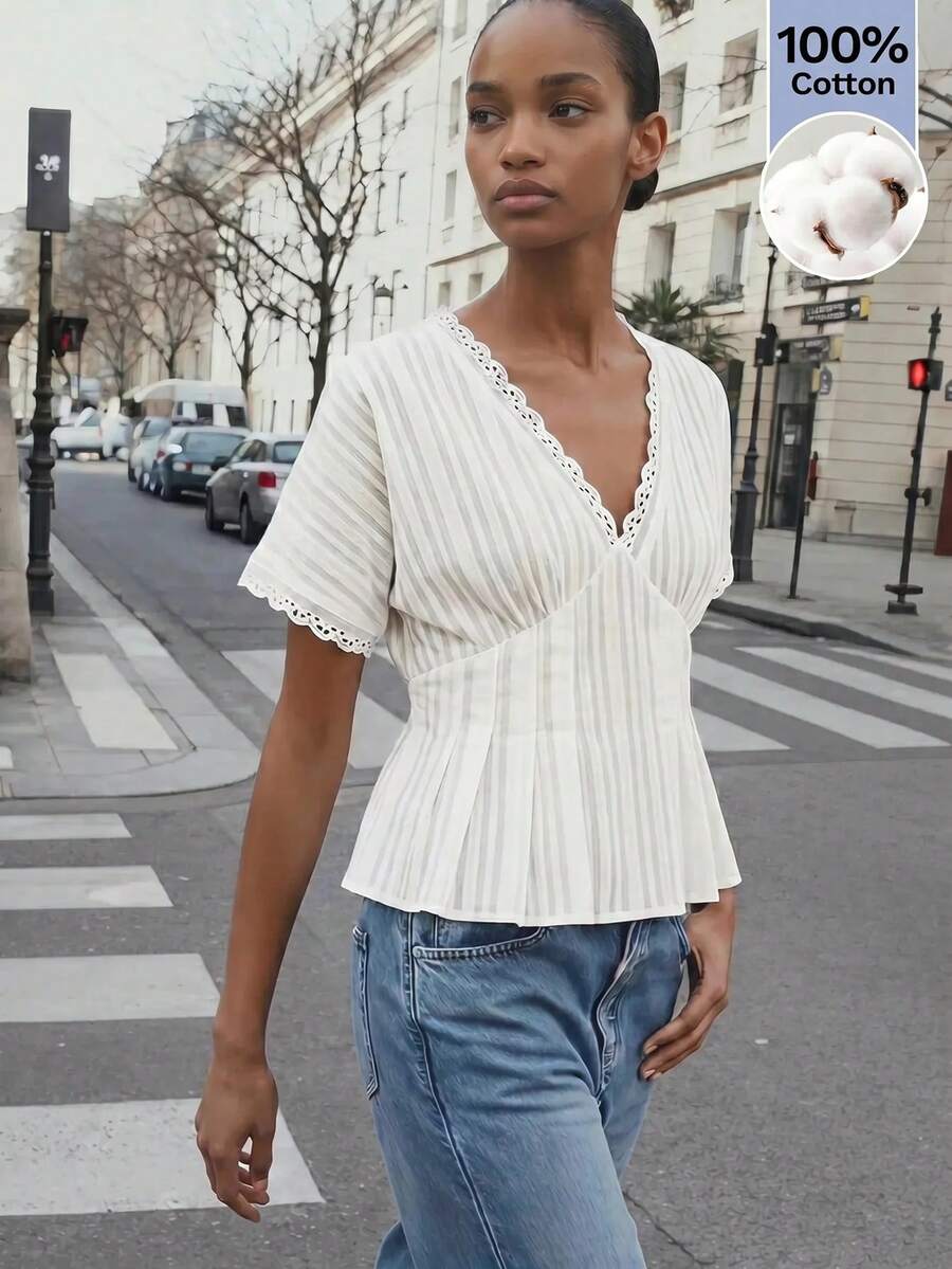 Maija 女款白色優雅V領修身娃娃衫，100%純棉夏季上衣，適合早午餐、度假、海灘與假日