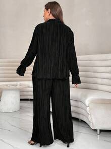 Shapeblank Plus Flounce Sleeve Shirt & Wide Leg Pants Fall - Black - View 6