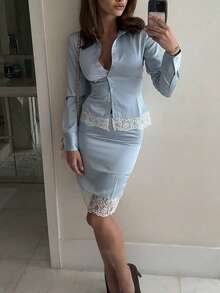 Siren Gaze Autumn Summer Women Satin Blue Lace Trim Blouse Top Low Rise Skirt 2 Pieces Set Party Wedding Going Out Elegant Casual Holiday Formal Back To School - Blue - View 2
