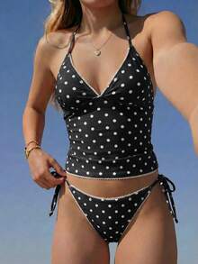 Swim Mod Conjunto de Bikini de Tirantes con Estampado de Cerezas Dulces y Cuadros de Verano - Blanco y Negro - Ver 1
