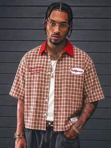 AXEPEAK Men's Summer Casual Plaid Shirt - Red - View 1