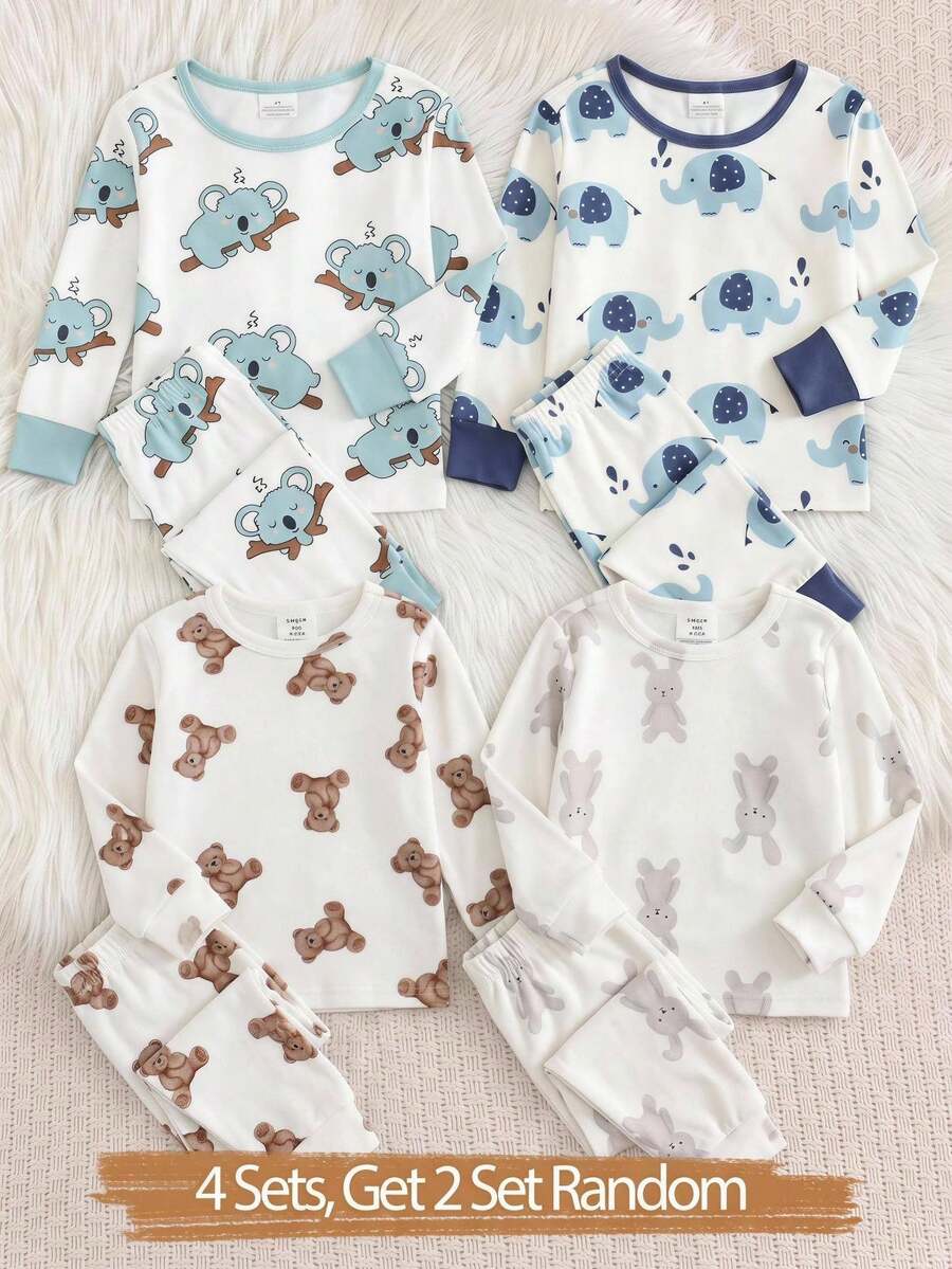 LMoss Kids Conjunto de 4 piezas de ropa de estar en casa para bebé niño con camiseta de cuello redondo de punto con estampado lindo de conejo & oso + pantalones largos de ajuste ceñido - Multicolor - Ver 1