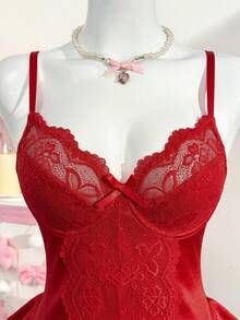 PetitDoll 女款蕾絲拼接連身內衣，1件裝 - 紅色 - 查看 5
