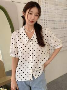 DAZY Polka Dot Puff Sleeve Blouse - Beige - View 3