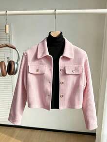 SHEIN 女童純色百搭簡約日常秋冬翻領夾克外套 - 粉色 - 查看 4