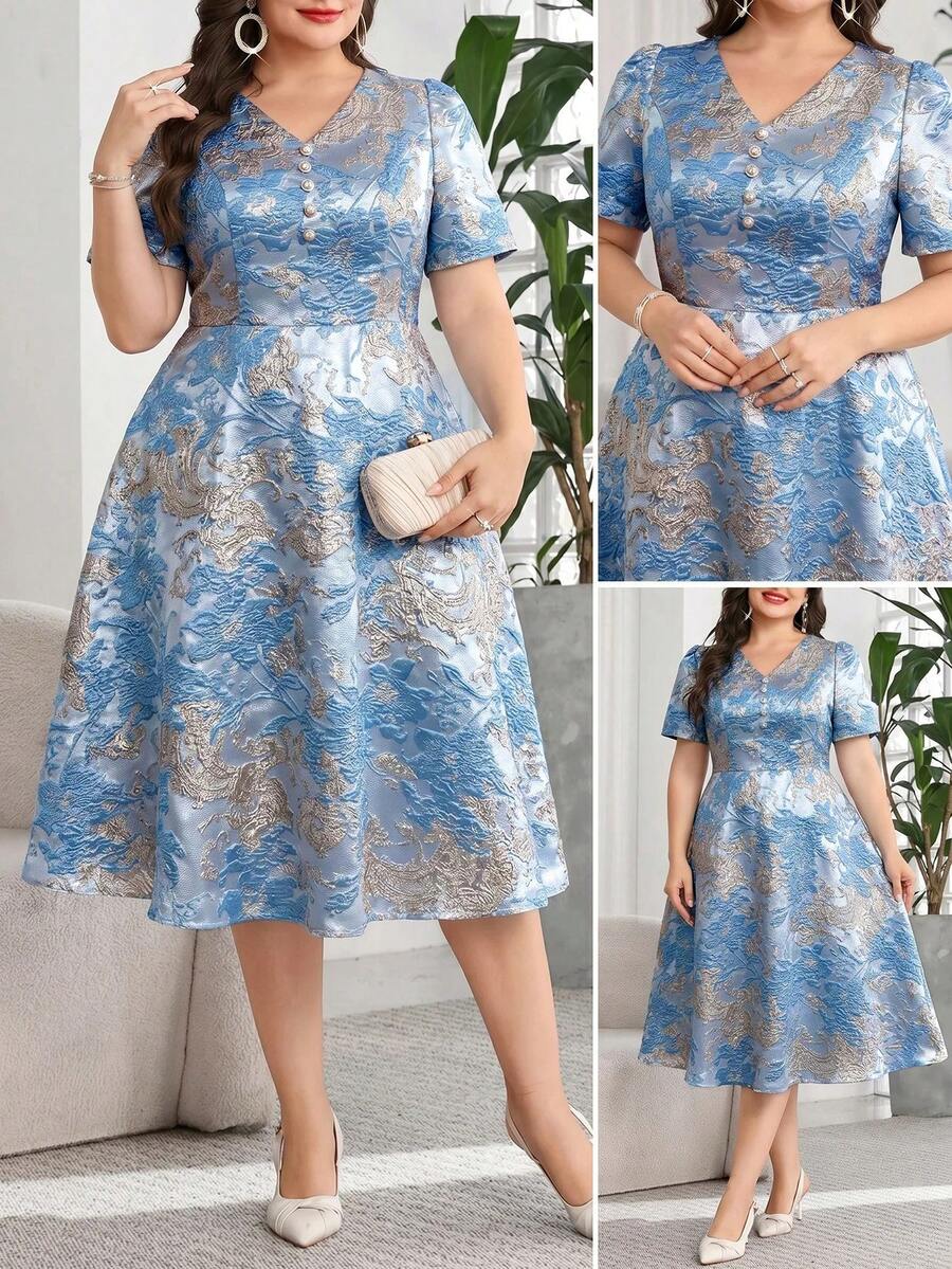 SHEIN Clasi 大尺碼女款春夏季優雅浪漫短袖中長洋裝 - 藍色 - 查看 1