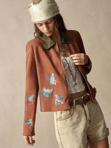 Bohemela 女款秋季休閒復古拼色拼接花卉與鳥類刺繡夾克 - 棕色 - 查看 7