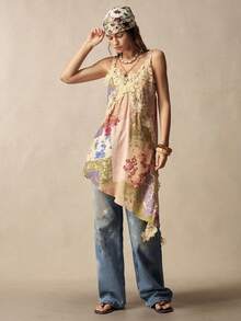 Bohemela Summer/Fall Vacation Casual Floral Lace Patchwork Ruffle Strap Women's Top, Daily Wear, Country Concert Party, Back To School - Multicolor - View 6