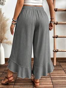 Weeklong Plus Size Women's Floral Print Vacation Style Split Hem Ruffle Wide Leg Pants Fall - Grey - View 2