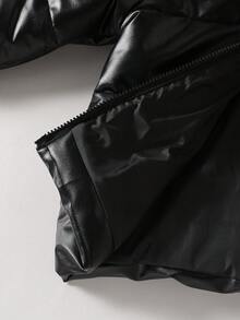 SHEIN 男童黑色皮革連帽填充外套，休閒日常穿著，適合通勤、戶外活動、短途旅行、公園遊玩，冬季新品 - 黑色 - 查看 5