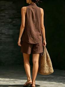 SHEIN Women's Solid Color Notch V-Neck Top And Shorts Casual Daily Set - Coffee Brown - View 2