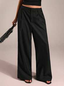 SHEIN PETITE CURVE CURVE 大尺碼女款小個子黑色休閒寬腿褲，高腰百搭夏季上班、休閒日常、派對褲 - 黑色 - 查看 8