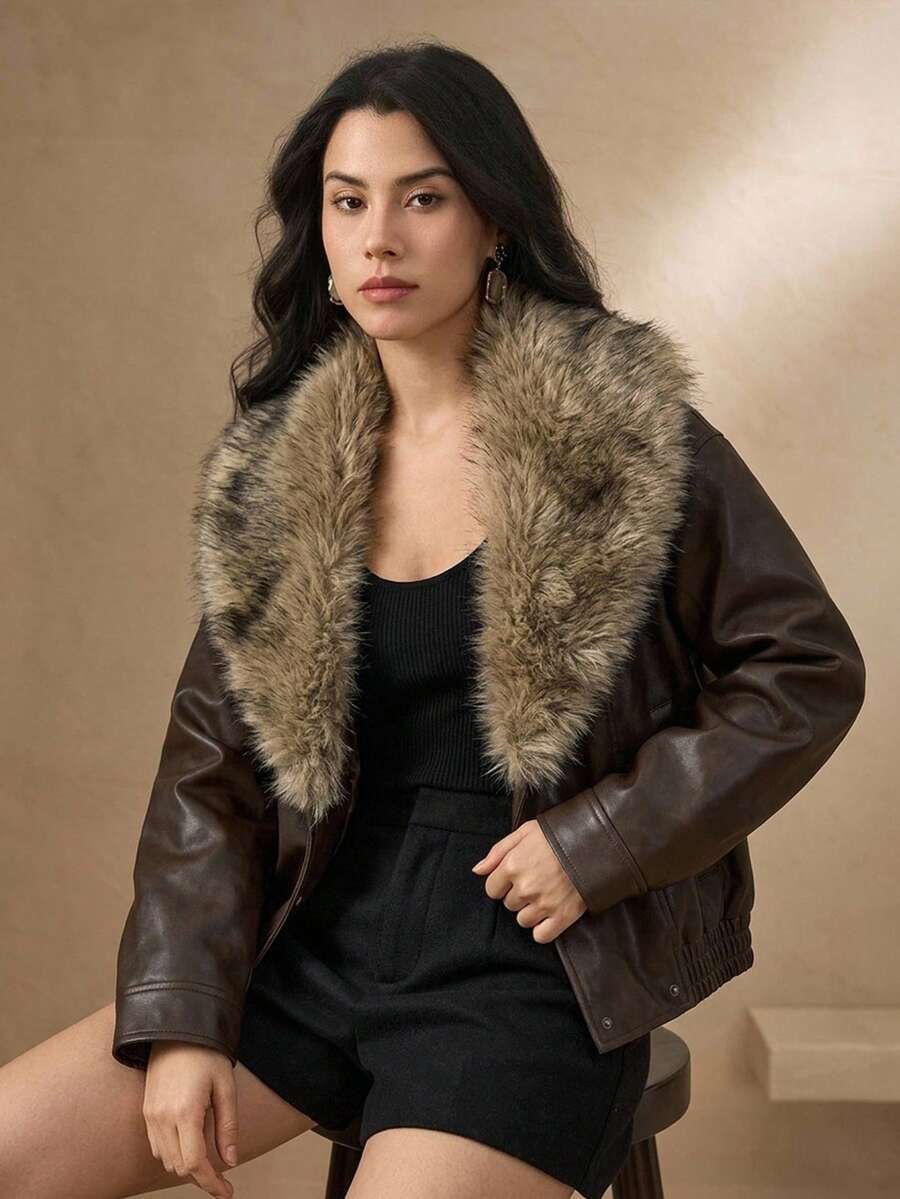DAZY Women's Fashion Cotton Padded Coat With Buttons And Pockets, Long Sleeve - Coffee Brown - View 1
