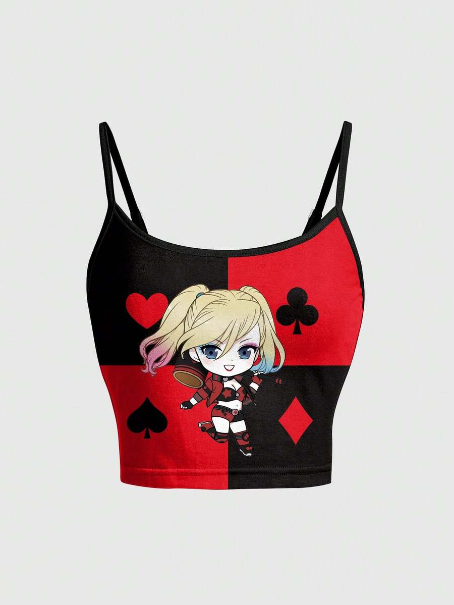 Harley Quinn X SHEIN 女款卡通印花休閒百搭日常細肩帶背心上衣 - 白色 - 查看 1