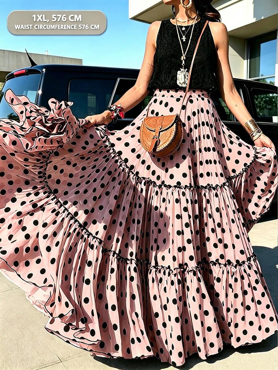 Breezaya French Vintage Pink & Black Polka Dot Layered Full Skirt, 3-Layer Large Panel Patchwork Design With Black Ruffle Trim And Pleated Edging On Each Layer, Voluminous Umbrella-Shaped Hemline For Dramatic Visual Effect, Plus Size Skirt - Pink - View 1