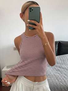 DAZY 女款條紋拼色基礎運動背心上衣 夏季 - 粉色 - 查看 6
