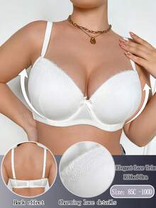 SHEIN 女款純色時尚極簡蕾絲飾邊鋼圈大尺碼內衣，1件裝 - 白色 - 查看 5