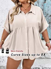 SHEIN CURVE+ 夏季大尺碼女款法式風格前開鈕扣舒適紋理面料休閒寬鬆短袖度假襯衫，曲線灰色早午餐風 - 杏色 - 查看 9