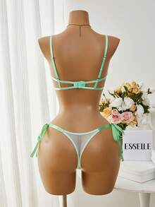 Esselle 2件套女士天蓝色刺绣系带性感内衣套装 - 綠色 - 查看 2
