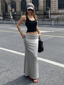Livesso Tall 女款修身顯瘦超長街頭休閒優雅基礎半身裙 秋季 - 淺灰色 - 查看 9