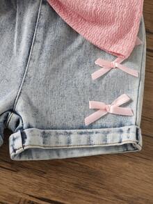 SHEIN 女嬰甜美蝴蝶結刺繡背心套裝，對比滾邊無袖上衣 + 蝴蝶結牛仔短褲，夏季款 - 粉色 - 查看 8
