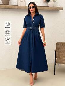EURMUSE Vestido largo de mezclilla rígido con detalles de falda con volantes - Azul lavado oscuro - Ver 6