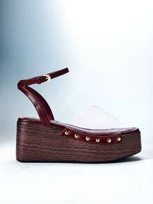 Solezae Glamorous Women's Clear Band Ankle Strap Thick Platform Sandals With Rivets Decor - Brown - View 5