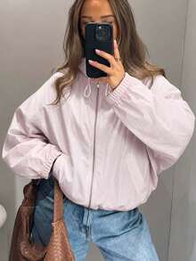 SHEIN PariChic 女士纯色长袖拉链抽绳连帽轻薄外套 - 淺粉色 - 查看 9