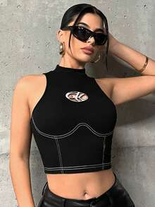 SHEIN ICON 圖案印花明線裝飾黑色短版背心 - 黑色 - 查看 3