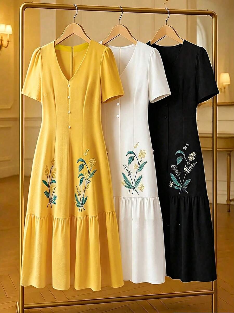 SHEIN LUNE 大码女式梭织常规春夏休闲舒适简约V领短袖植物印花杏色中长连衣裙 - 黃色 - 查看 1