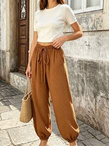 SHEIN PariChic French Boho Casual Brown And White Polka Dot Swiss Dot Lantern Pants Elastic Waist Cuffed Loose Autumn Brunch Vacation - Coffee Brown - View 7