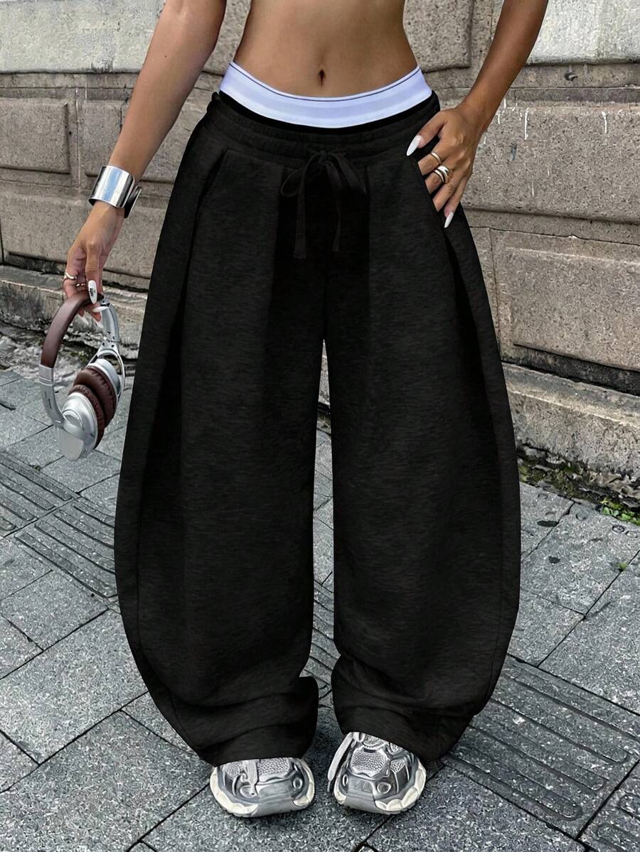 Coolane 女士秋季街头风基本款日常穿搭外出机场休闲黑色低腰宽松香蕉裤 - 黑色 - 查看 1