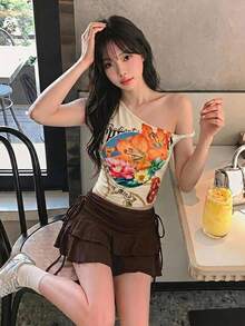 SHEIN MOD 女款 95% 棉花花卉滿版前打結上衣－夏季；海灘/度假；時尚；節慶、野餐 - 彩色 - 查看 8