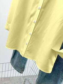 INAWLY Kemeja Kasual Wanita Lengan Panjang Kancing Tunggal Warna Polos - Kuning - View 4