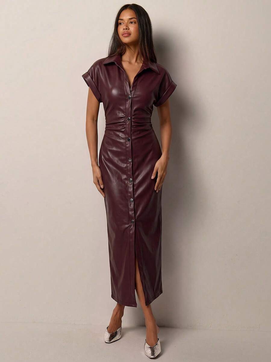 COSMINA Burgundy PU Dress With Dropped-Shoulder Sleeves And A Button-Front Placket.Burgundy PU Dress With D Night Out Autumn Elegant - Burgundy - View 1