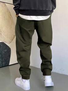 Manfinity Homme 男士抽繩腰口袋休閒日常旅行運動長褲 - 軍綠色 - 查看 2