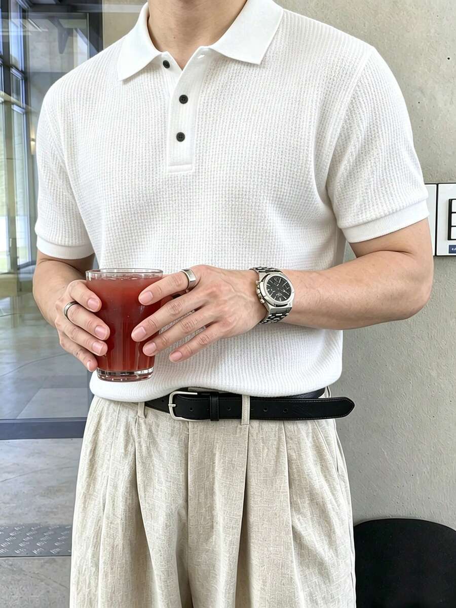 JOLTRO 男士夏季休閒純色短袖 Polo 衫 - 白色 - 查看 1