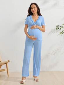 SHEIN 孕婦純色V領哺乳上衣與可調腰長褲休閒軟挺日常2件套 出院穿著 天藍色 - 藍色 - 查看 3