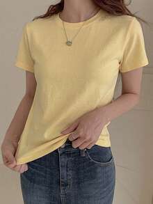 DAZY Camiseta de manga corta de unicolor versátil y casual de verano - Amarillo - Ver 4
