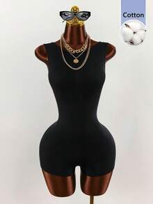 Amplova Women's Solid Color Backless Round Neck Sleeveless Fashionable Minimalist Tight Jumpsuit, Summer - Black - View 11