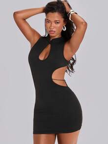 ROMWE Spring/Summer Y2K Hot Girl Casual Party Back Cross Lace-Up Open Back Butterfly Metal Buckle Decor Bodycon Mini Dress - Black - View 6