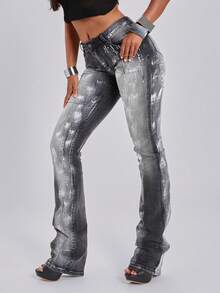ACID BLVD Fall Y2K Hot Street Style Rhinestone Sequin Embroidered Pocket Distressed Washed Ultra Low Waist Straight Leg Slim Fit Bootcut Jeans - Black - View 9