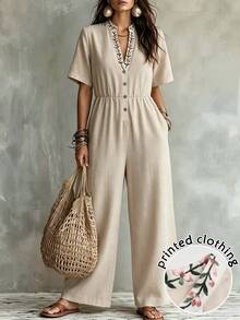 SHEIN LUNE CURVE Plus Size Spring/Summer Pastoral Style Boho Casual Commute Artistic Relaxed Comfortable Beach Vacation Picnic Outing Printed Jumpsuit Pink Floral - Apricot - View 1