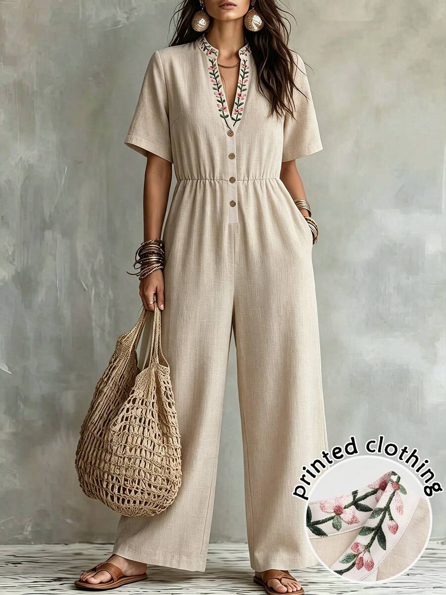 SHEIN LUNE CURVE Plus Size Spring/Summer Pastoral Style Boho Casual Commute Artistic Relaxed Comfortable Beach Vacation Picnic Outing Printed Jumpsuit Pink Floral - Apricot - View 1