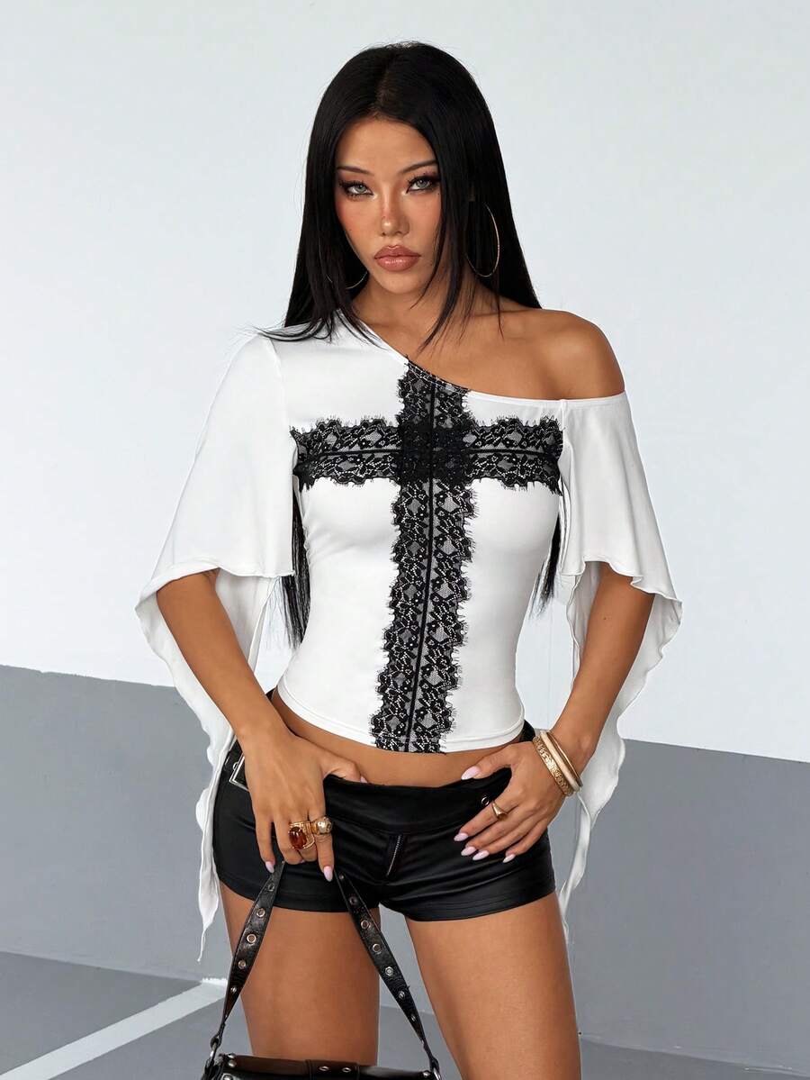 StreetHx Summer Vintage Street Y2K Lace Patchwork Cross Cold Shoulder Asymmetric Neckline Fitted Batwing Short Sleeve T-Shirt - White - View 1