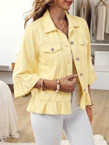 EMERY ROSE Chaqueta vaquera casual de uso diario de un solo pecho de color liso para mujer de talla grande - Amarillo - Ver 4